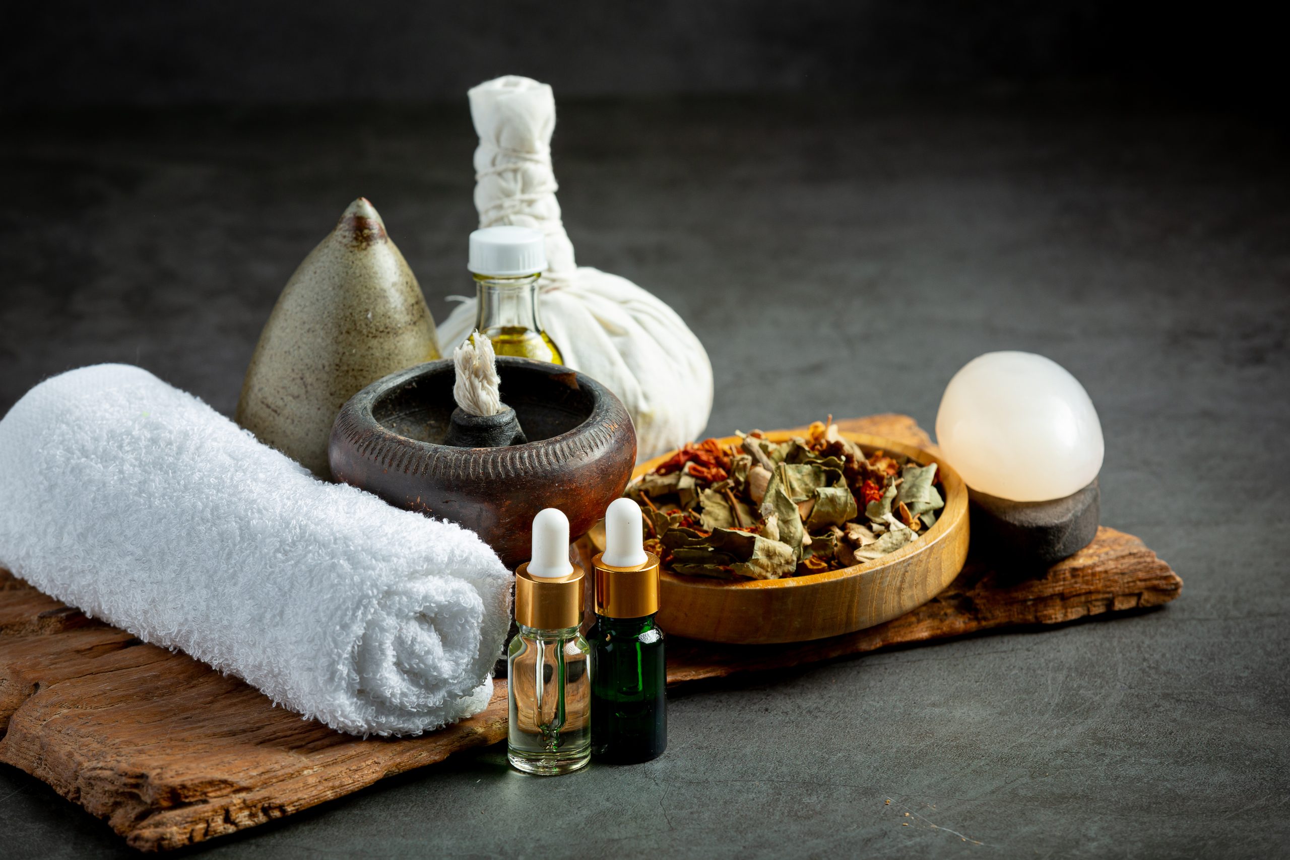 herbal compress herbal spa treatment equipments put dark floor scaled